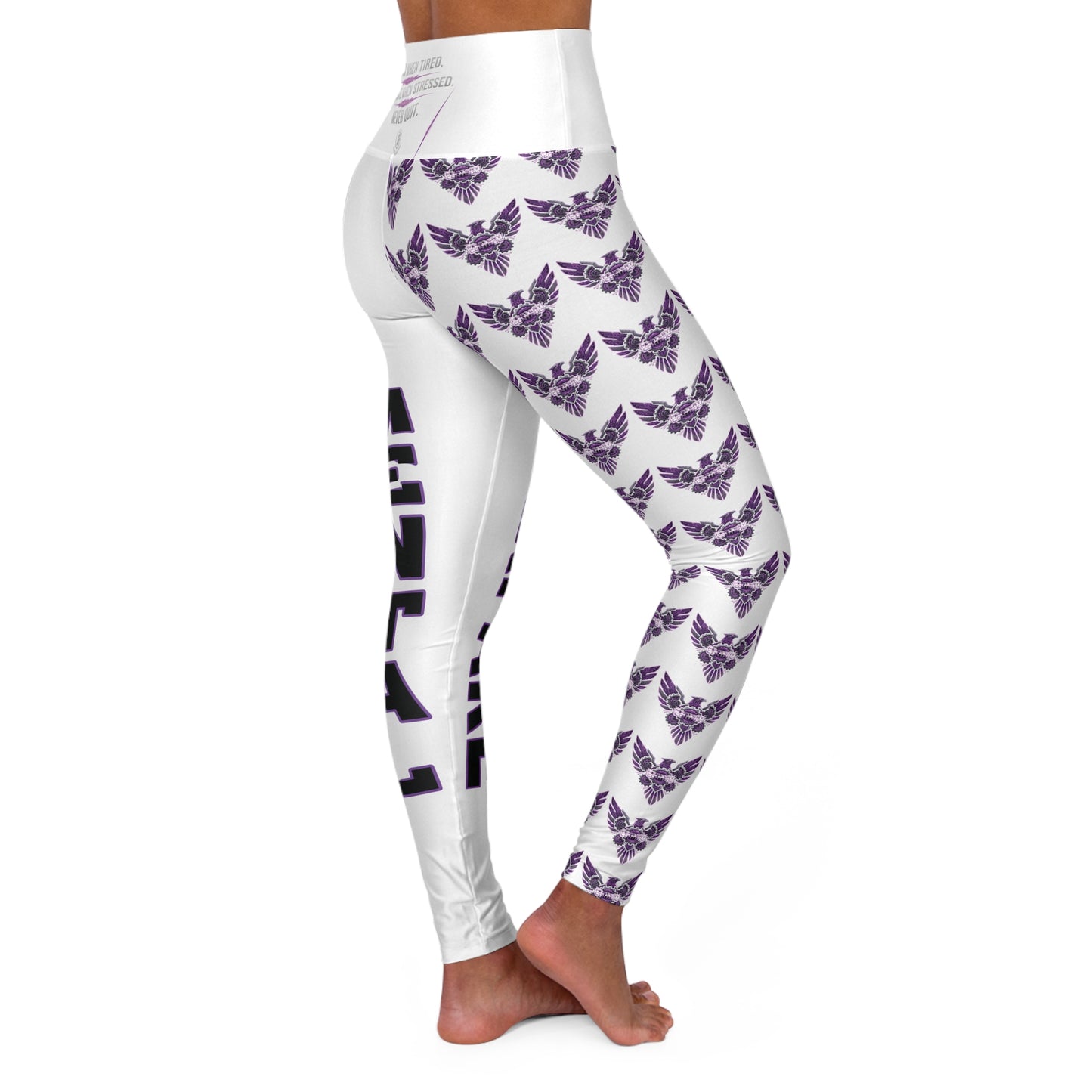 High-Waisted Yoga Leggings — Bold 'WARFARE' & Purple Butterfly All-Over Print