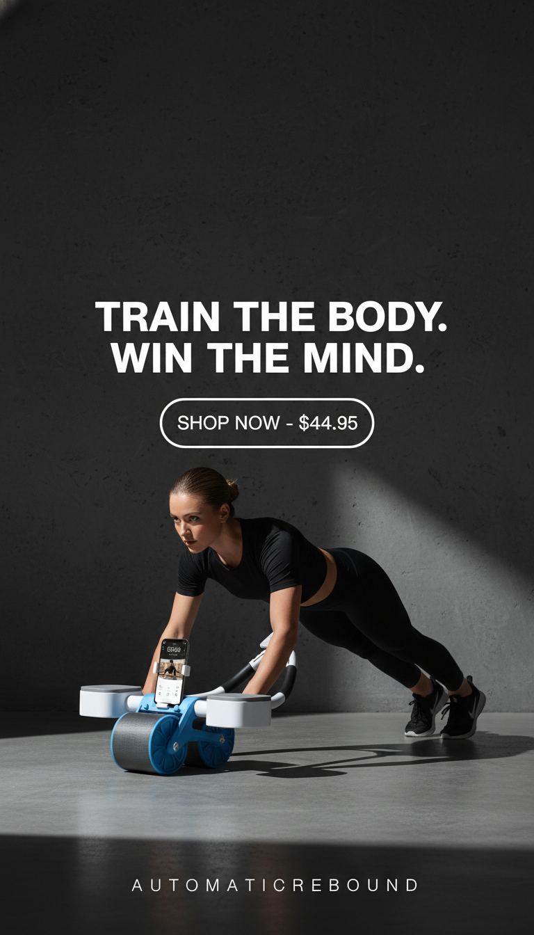 Person using a fitness device with text 'Train the body. Win the mind.' and promotional text.