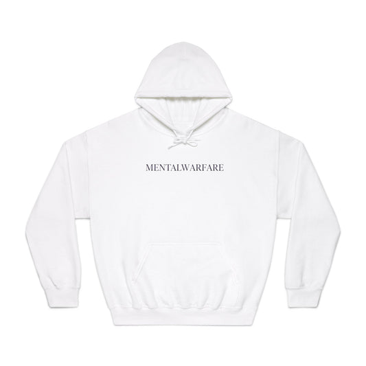 White hoodie with 'Mental Warfare' text on a white background