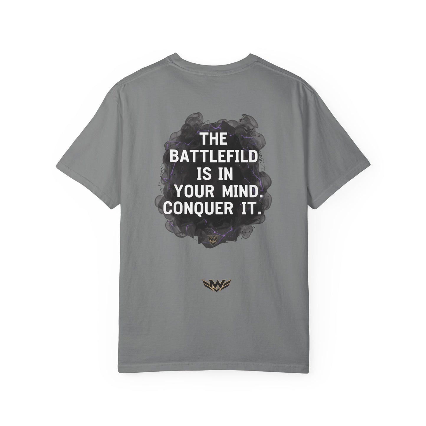 Mental Warfare T-Shirt — Lion Graphic with “The Battlefield Is In Your Mind. Conquer It.” Back