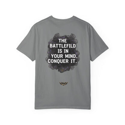 Mental Warfare T-Shirt — Lion Graphic with “The Battlefield Is In Your Mind. Conquer It.” Back