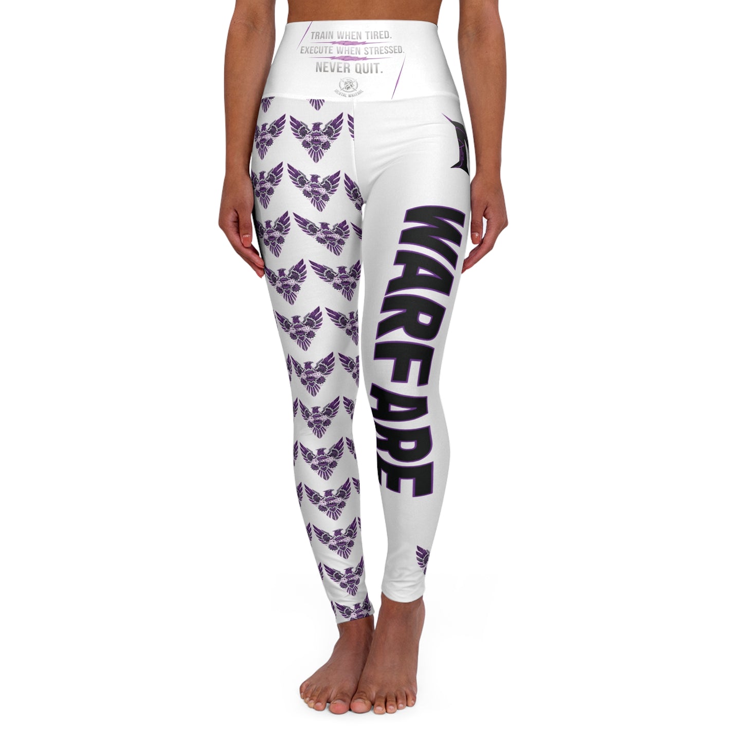 High-Waisted Yoga Leggings â€” Bold 'WARFARE' & Purple Butterfly All-Over Print