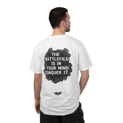 Mental Warfare T-Shirt — Lion Graphic with “The Battlefield Is In Your Mind. Conquer It.” Back