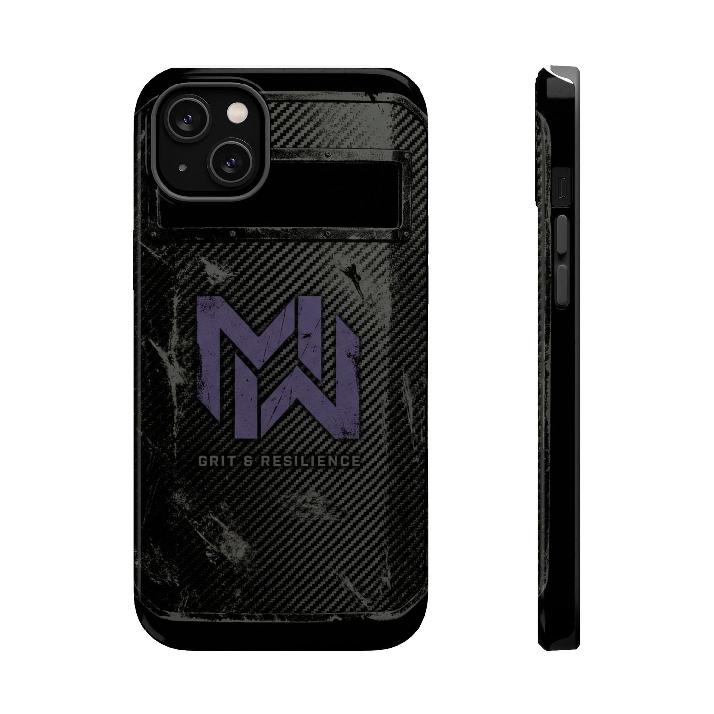 Black phone case with a logo and text on a white background