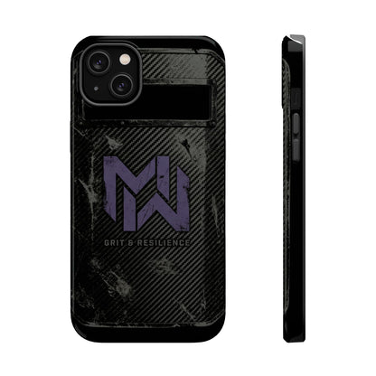 Black phone case with a logo and text on a white background