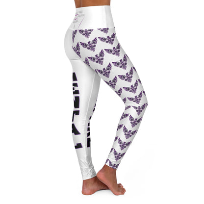 High-Waisted Yoga Leggings â€” Bold 'WARFARE' & Purple Butterfly All-Over Print