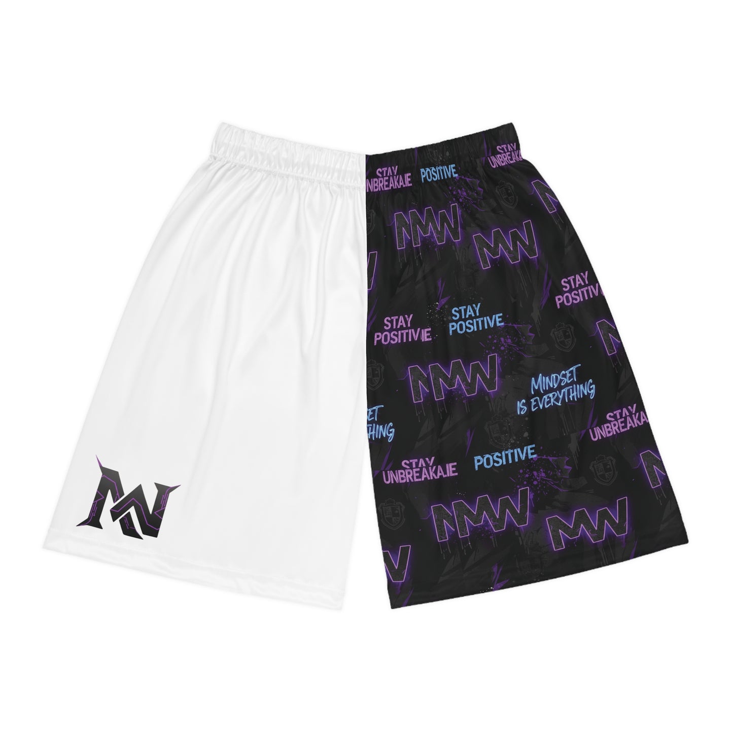 Motivational Split-Design Basketball Shorts â€” 'Stay Positive' AOP