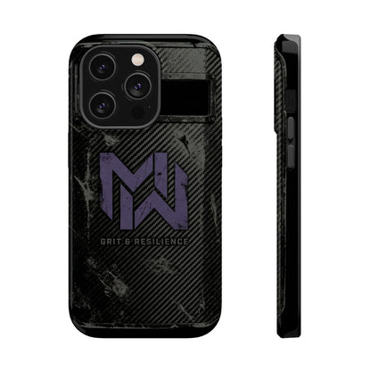 Black phone case with a logo and text on a white background
