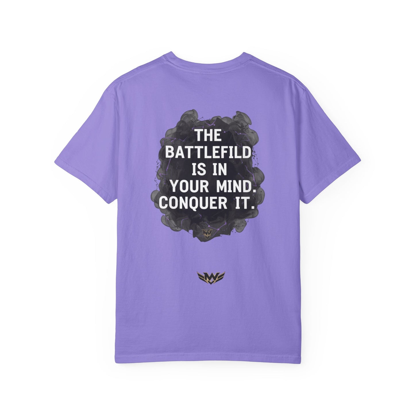 Mental Warfare T-Shirt — Lion Graphic with “The Battlefield Is In Your Mind. Conquer It.” Back