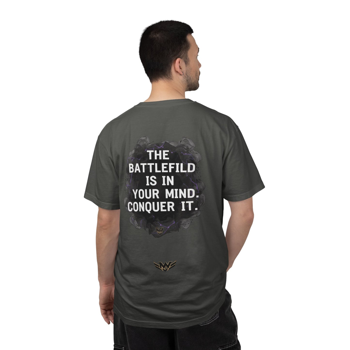 Mental Warfare T-Shirt — Lion Graphic with “The Battlefield Is In Your Mind. Conquer It.” Back