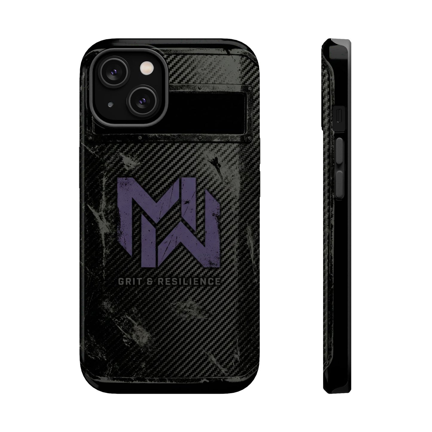 Black phone case with a logo and text on a white background