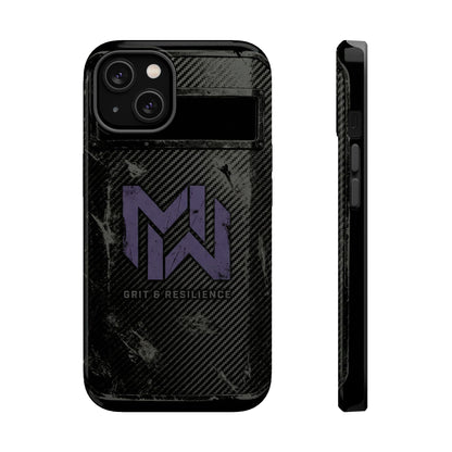 Black phone case with a logo and text on a white background