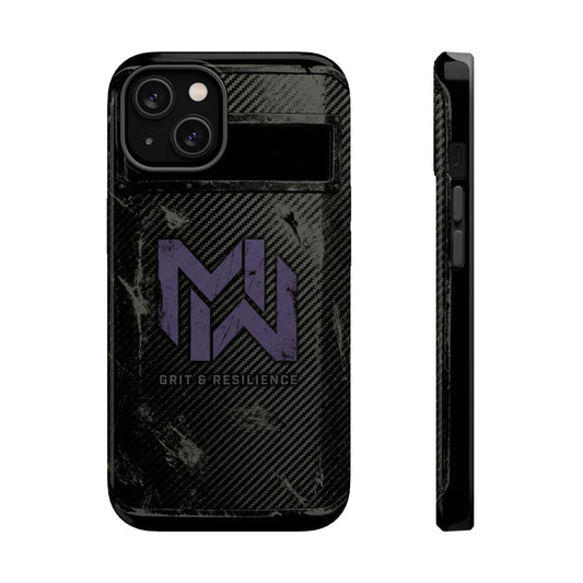 Black phone case with a logo and text on a white background