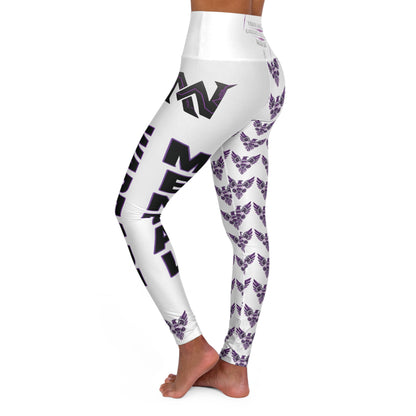 High-Waisted Yoga Leggings â€” Bold 'WARFARE' & Purple Butterfly All-Over Print