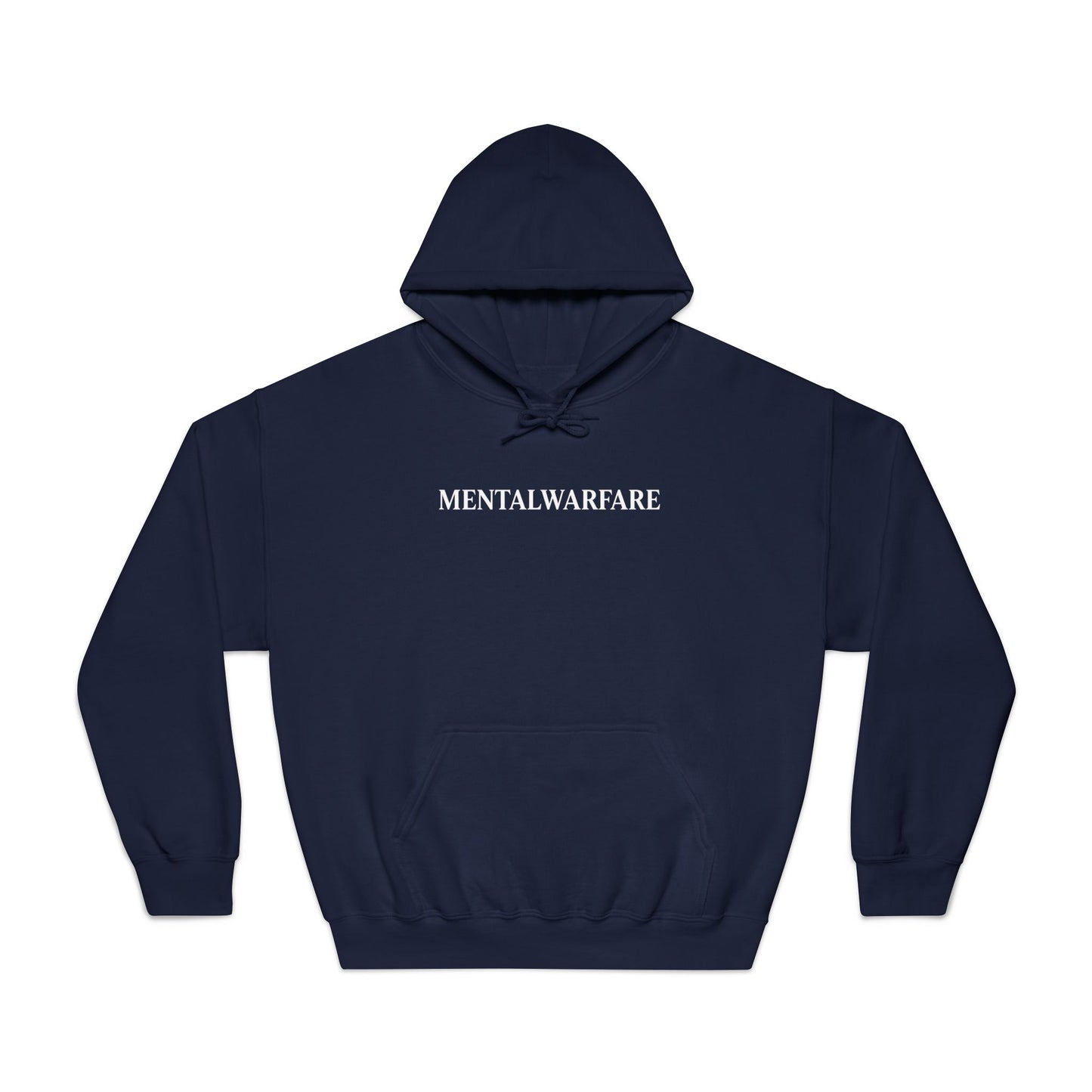Navy blue hoodie with 'MENTALWARFARE' text on a white background
