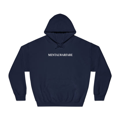 Navy blue hoodie with 'MENTALWARFARE' text on a white background