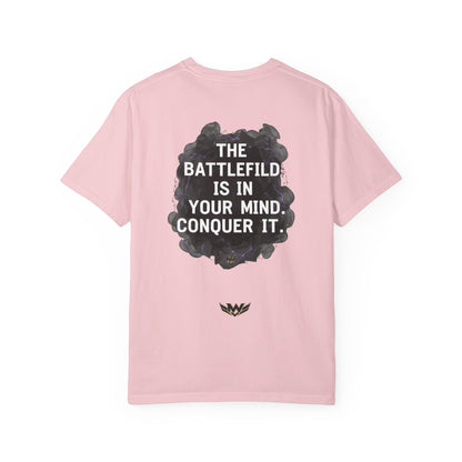 Mental Warfare T-Shirt — Lion Graphic with “The Battlefield Is In Your Mind. Conquer It.” Back