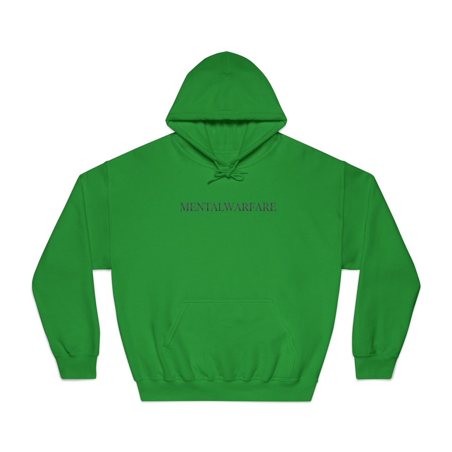 Green hoodie with 'Mental Warfare' text on a white background