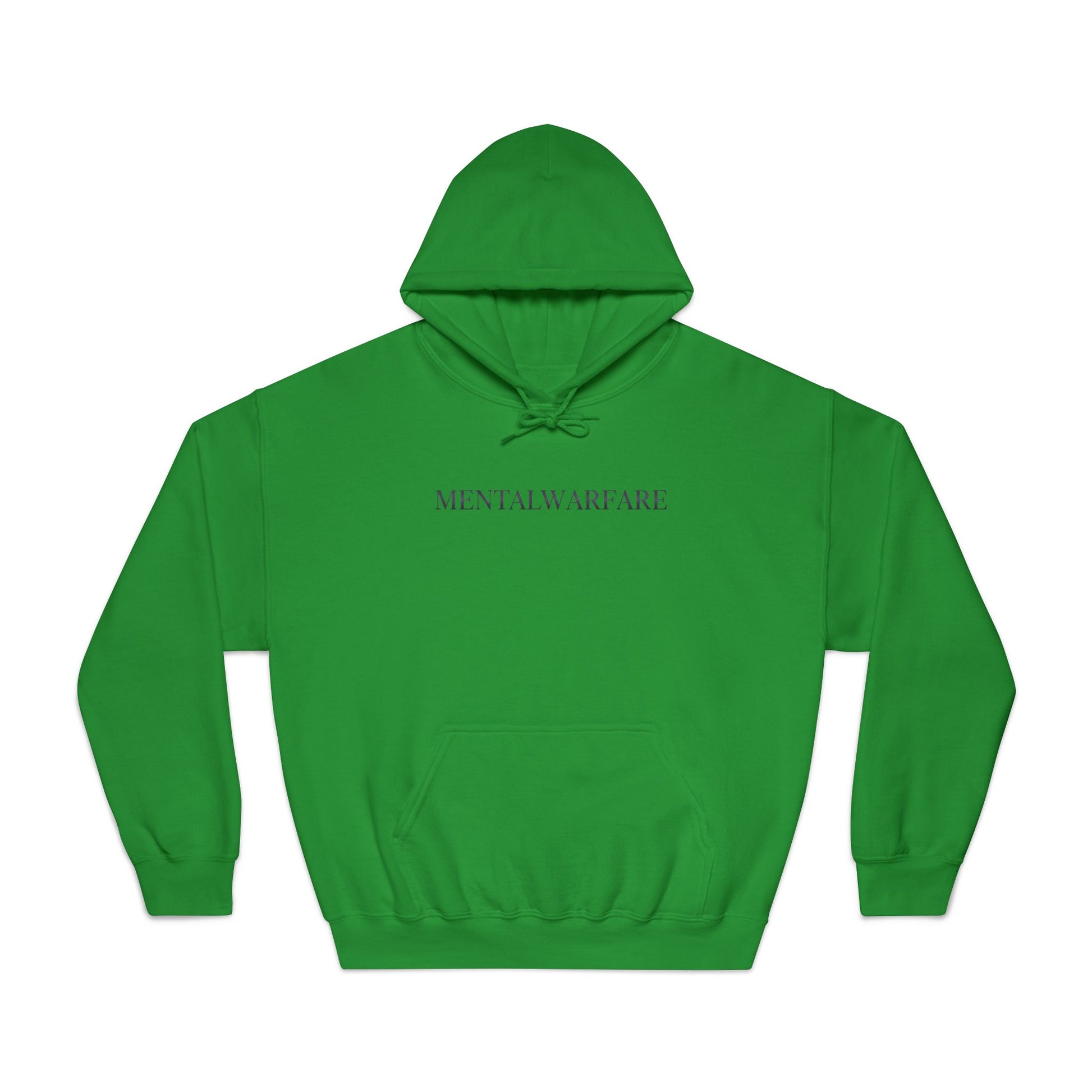 Green hoodie with 'Mental Warfare' text on a white background