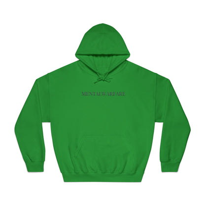 Green hoodie with 'Mental Warfare' text on a white background
