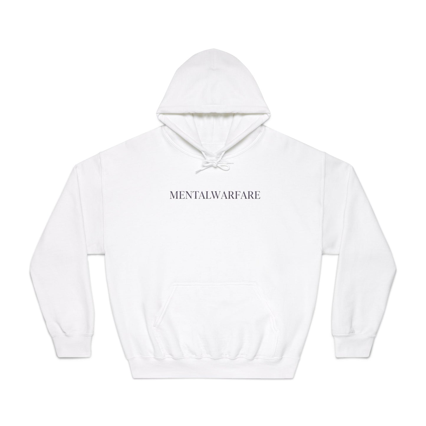 White hoodie with 'Mental Warfare' text on a white background