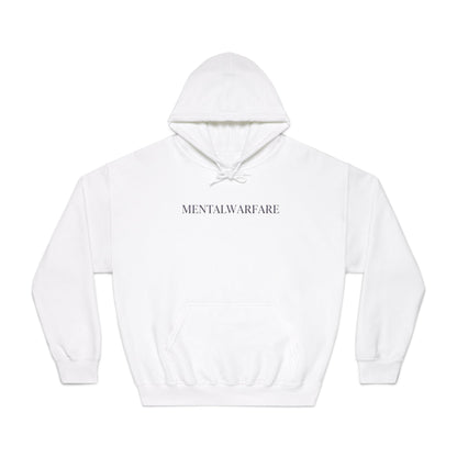 White hoodie with 'Mental Warfare' text on a white background