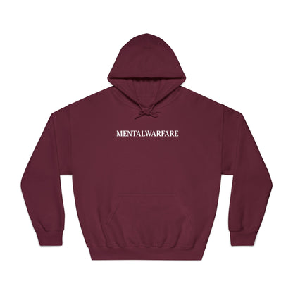 Maroon hoodie with 'MENTALWARFARE' text on a white background