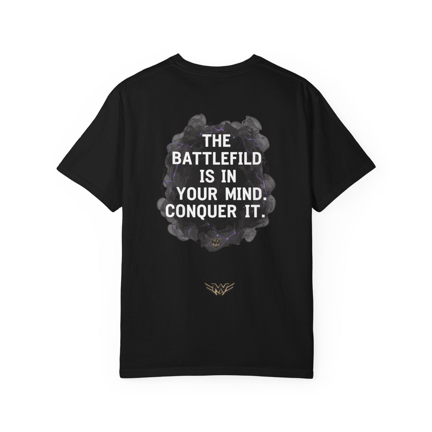 Mental Warfare T-Shirt — Lion Graphic with “The Battlefield Is In Your Mind. Conquer It.” Back