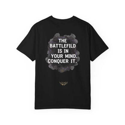 Mental Warfare T-Shirt — Lion Graphic with “The Battlefield Is In Your Mind. Conquer It.” Back