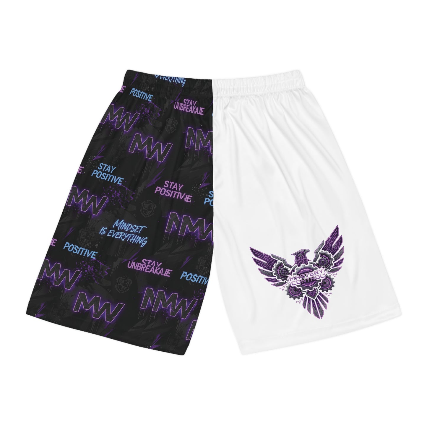 Motivational Split-Design Basketball Shorts â€” 'Stay Positive' AOP