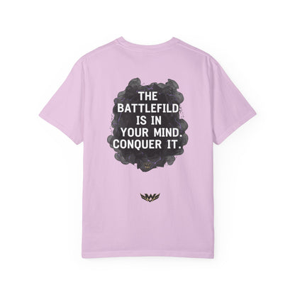 Mental Warfare T-Shirt — Lion Graphic with “The Battlefield Is In Your Mind. Conquer It.” Back
