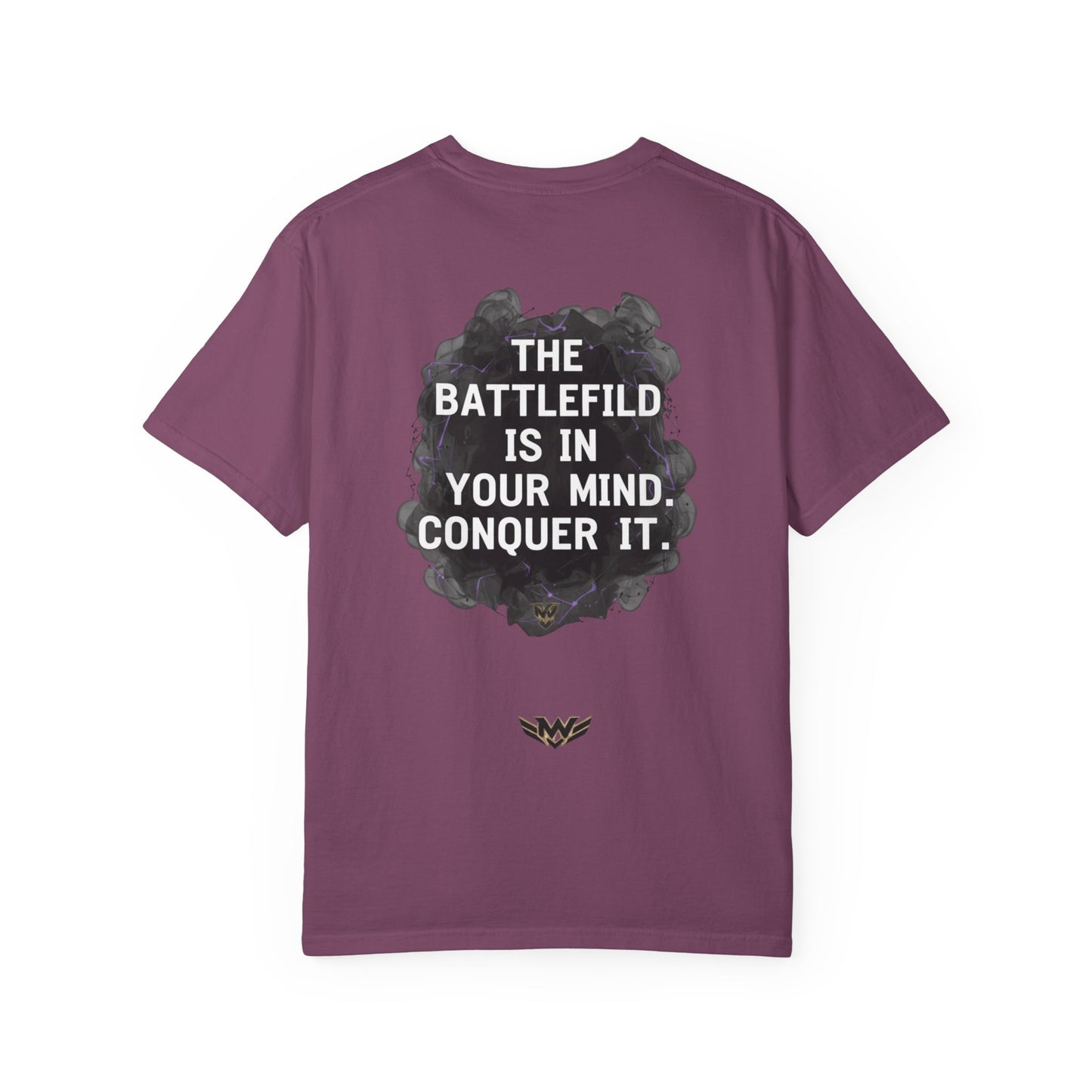 Mental Warfare T-Shirt — Lion Graphic with “The Battlefield Is In Your Mind. Conquer It.” Back