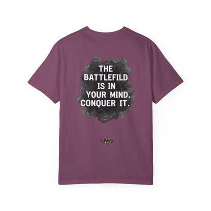 Mental Warfare T-Shirt — Lion Graphic with “The Battlefield Is In Your Mind. Conquer It.” Back