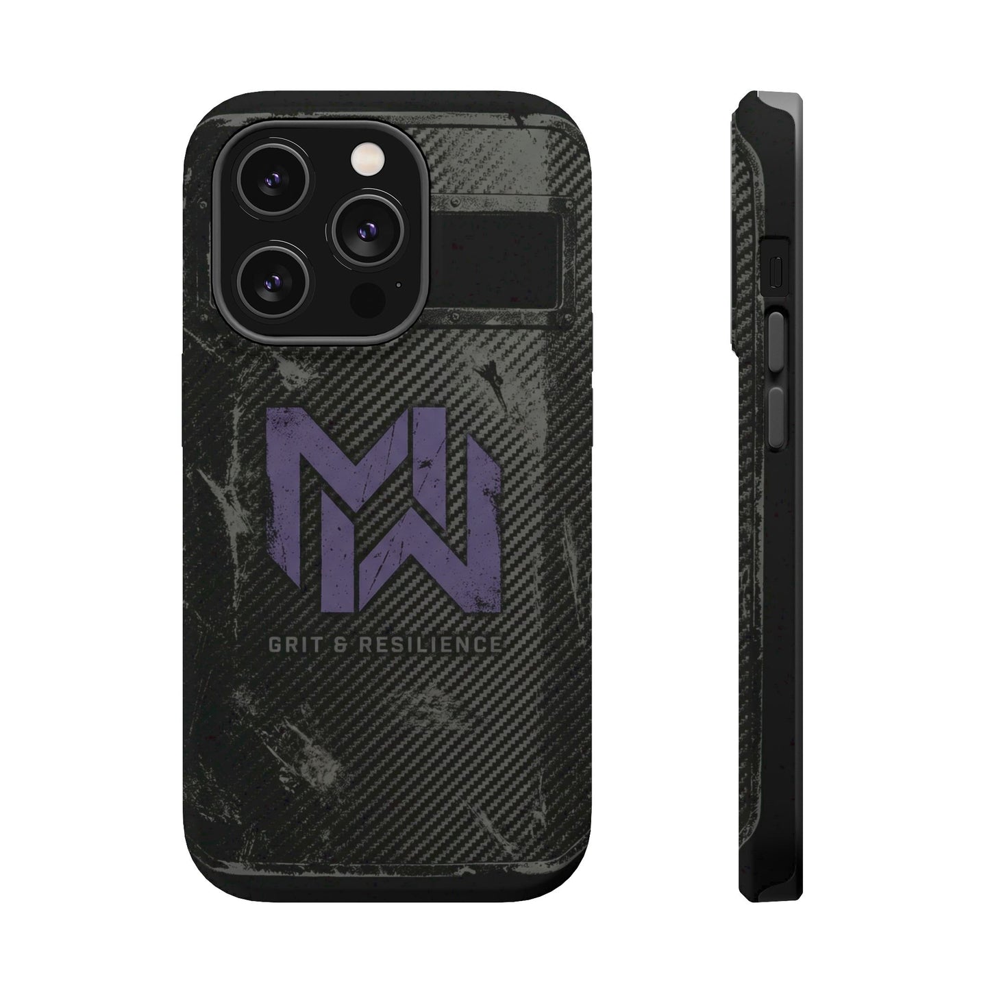 Black phone case with purple logo and text on a white background