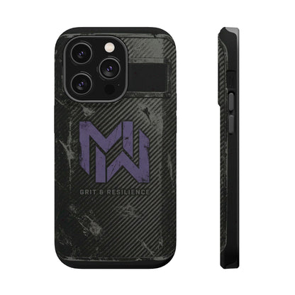 Black phone case with purple logo and text on a white background