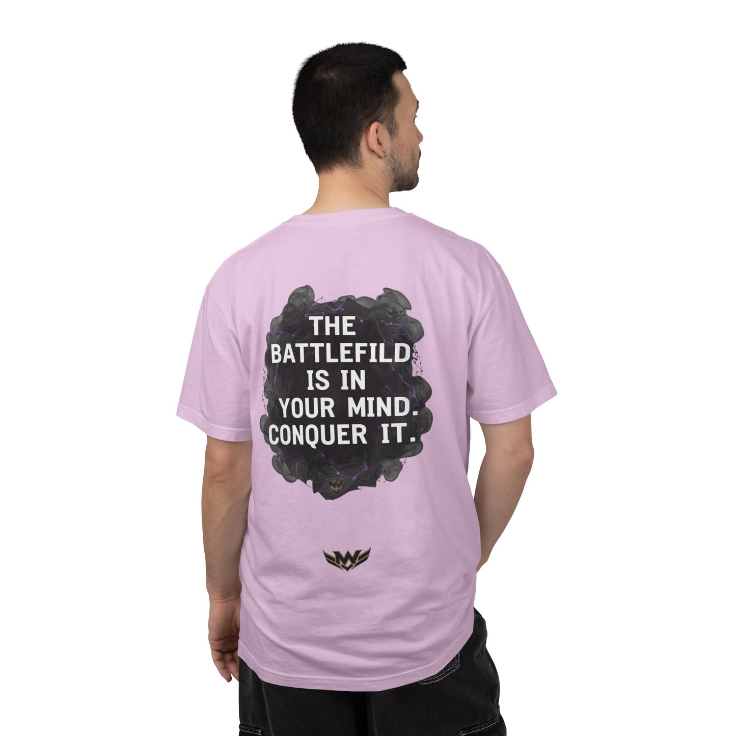 Mental Warfare T-Shirt — Lion Graphic with “The Battlefield Is In Your Mind. Conquer It.” Back