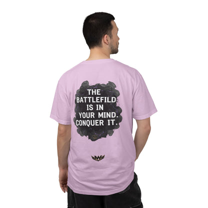 Mental Warfare T-Shirt — Lion Graphic with “The Battlefield Is In Your Mind. Conquer It.” Back