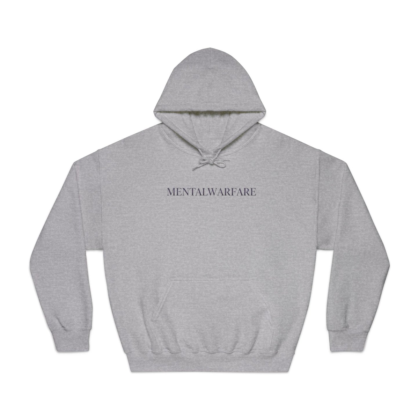 Gray hoodie with 'Mental Warfare' text on a white background