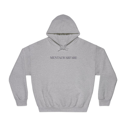 Gray hoodie with 'Mental Warfare' text on a white background