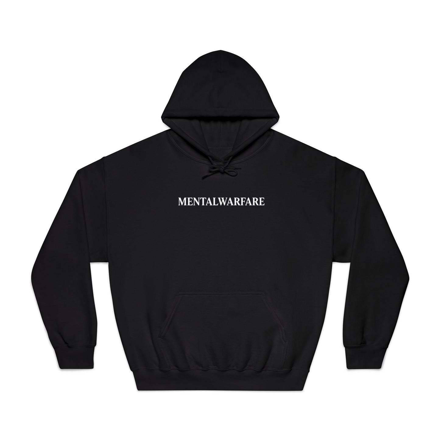 Black hoodie with 'MENTALWARFARE' text on a white background