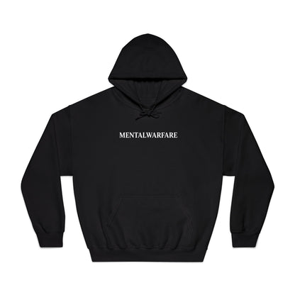Black hoodie with 'MENTALWARFARE' text on a white background