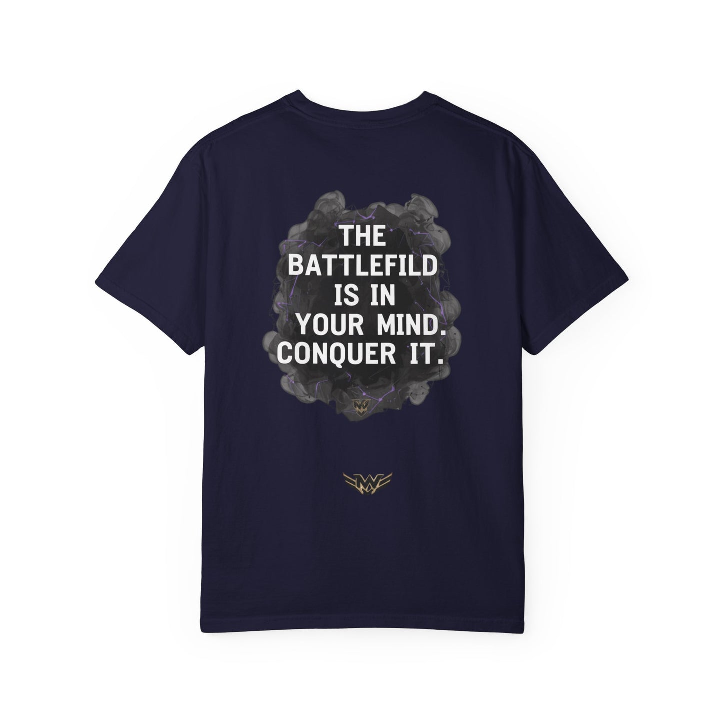 Mental Warfare T-Shirt — Lion Graphic with “The Battlefield Is In Your Mind. Conquer It.” Back