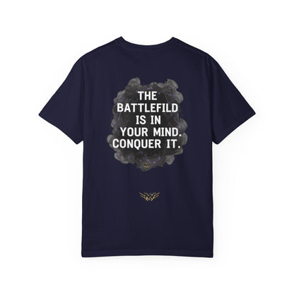 Mental Warfare T-Shirt — Lion Graphic with “The Battlefield Is In Your Mind. Conquer It.” Back