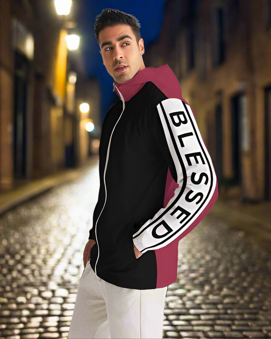 Mens Lightweight Windbreaker w/ Hood (Black & Red)