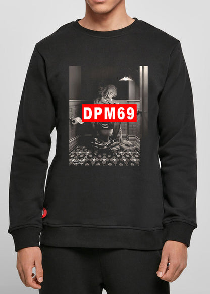 Black sweatshirt with graphic design and 'DPM69' text worn by a person on a light gray background