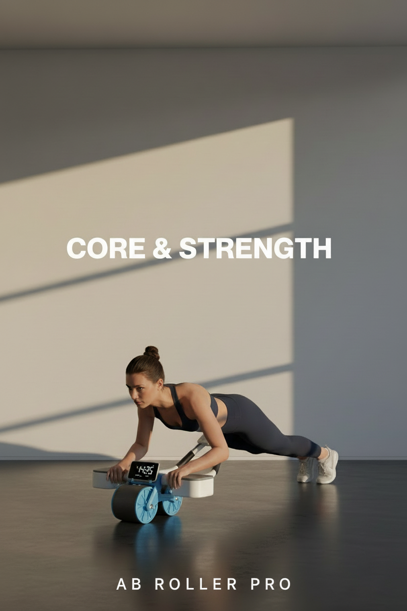 Woman using an AB Roller Pro for core exercise with text 'CORE & STRENGTH' in a studio setting.