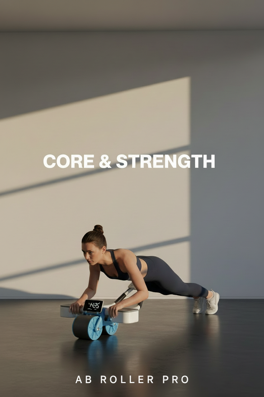 Woman using an AB Roller Pro for core exercise with text 'CORE & STRENGTH' in a studio setting.