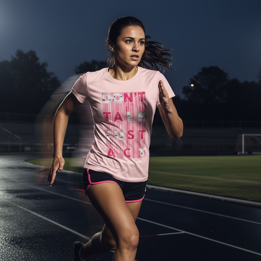 Pink t-shirt with text design on a beautiful track and field athlete in a dark track setting, running.