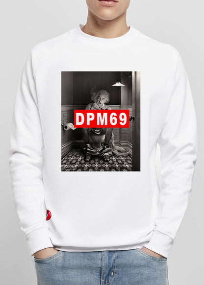 White sweatshirt with a graphic design and 'DPM69' text worn by a person on a gray background