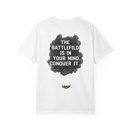 Mental Warfare T-Shirt — Lion Graphic with “The Battlefield Is In Your Mind. Conquer It.” Back